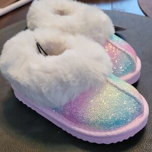 Wonder Nation Glittery Pastel Kids Slippers with Faux Fur